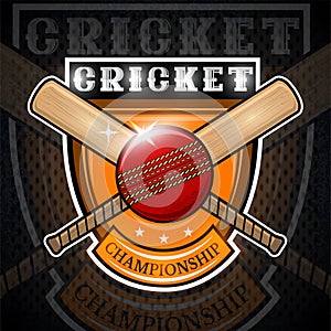 Cricket ball with cros bat in center of shield isolated on blackboard. Sport logo for any team